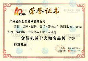 食品機械十大(dà)品牌證書